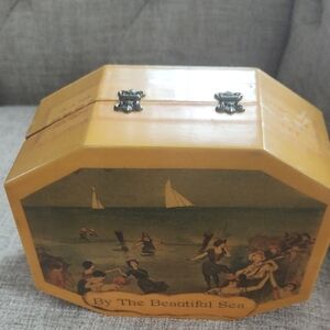 Vintage Gold And Black Decoupaged "By The Beautiful Sea" Decorative Hinged Chest